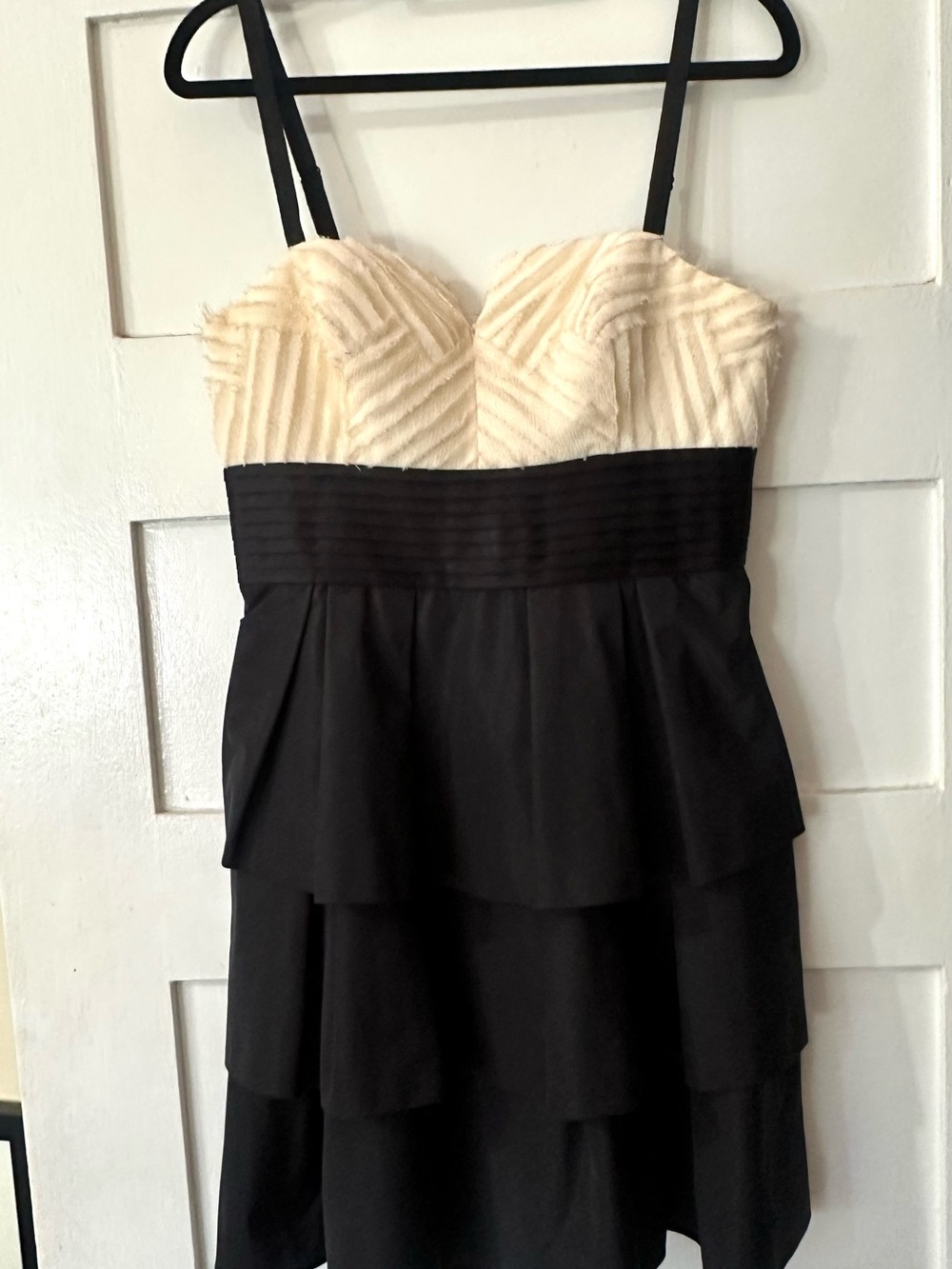 BCBGMaxAzria Black and Cream Strapless Tiered Peplum Dress